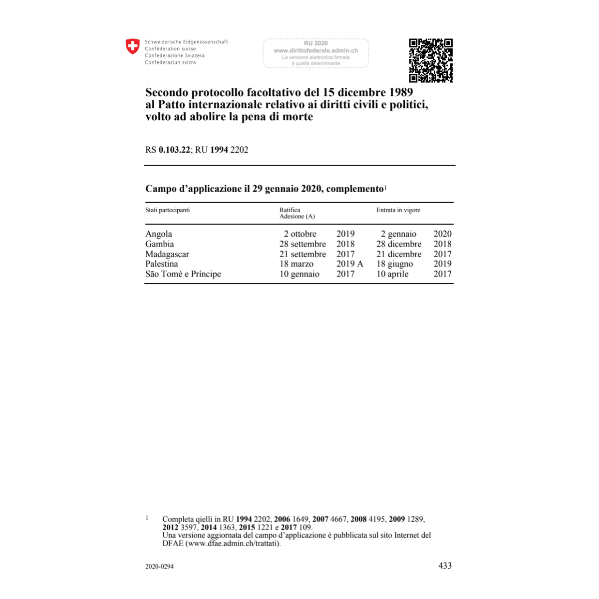 Prot. facoltativo abolire pena di morte