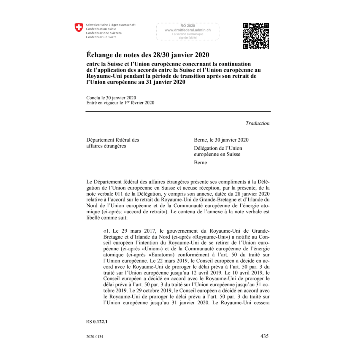 Échange de notes des 28./30.01.2020