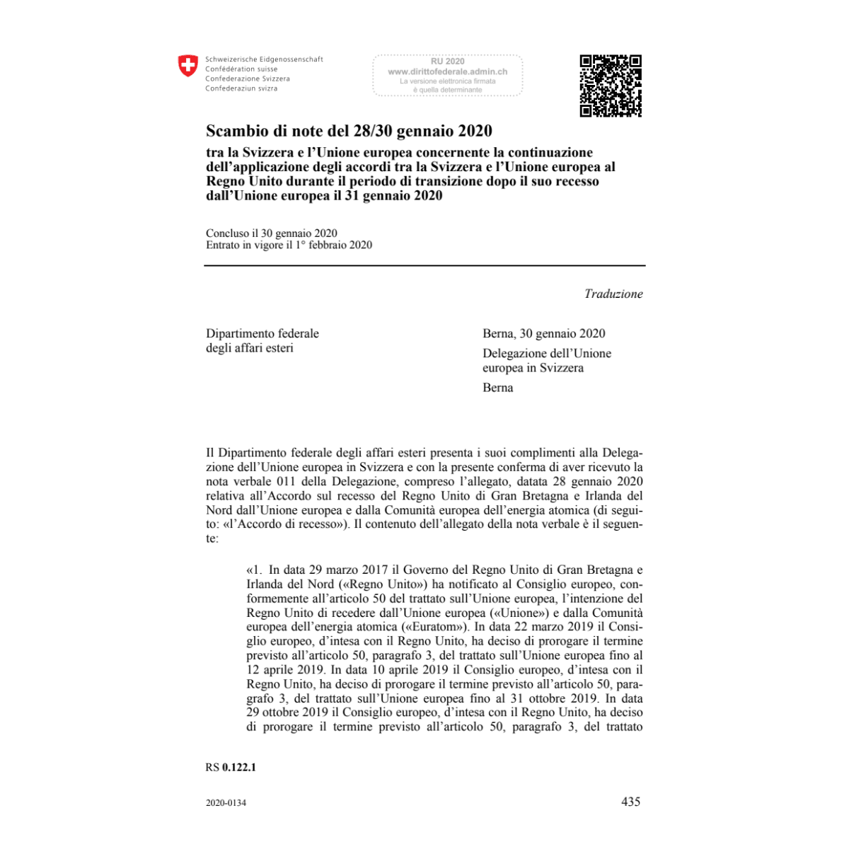Scambio di note del 28./30.01.2020