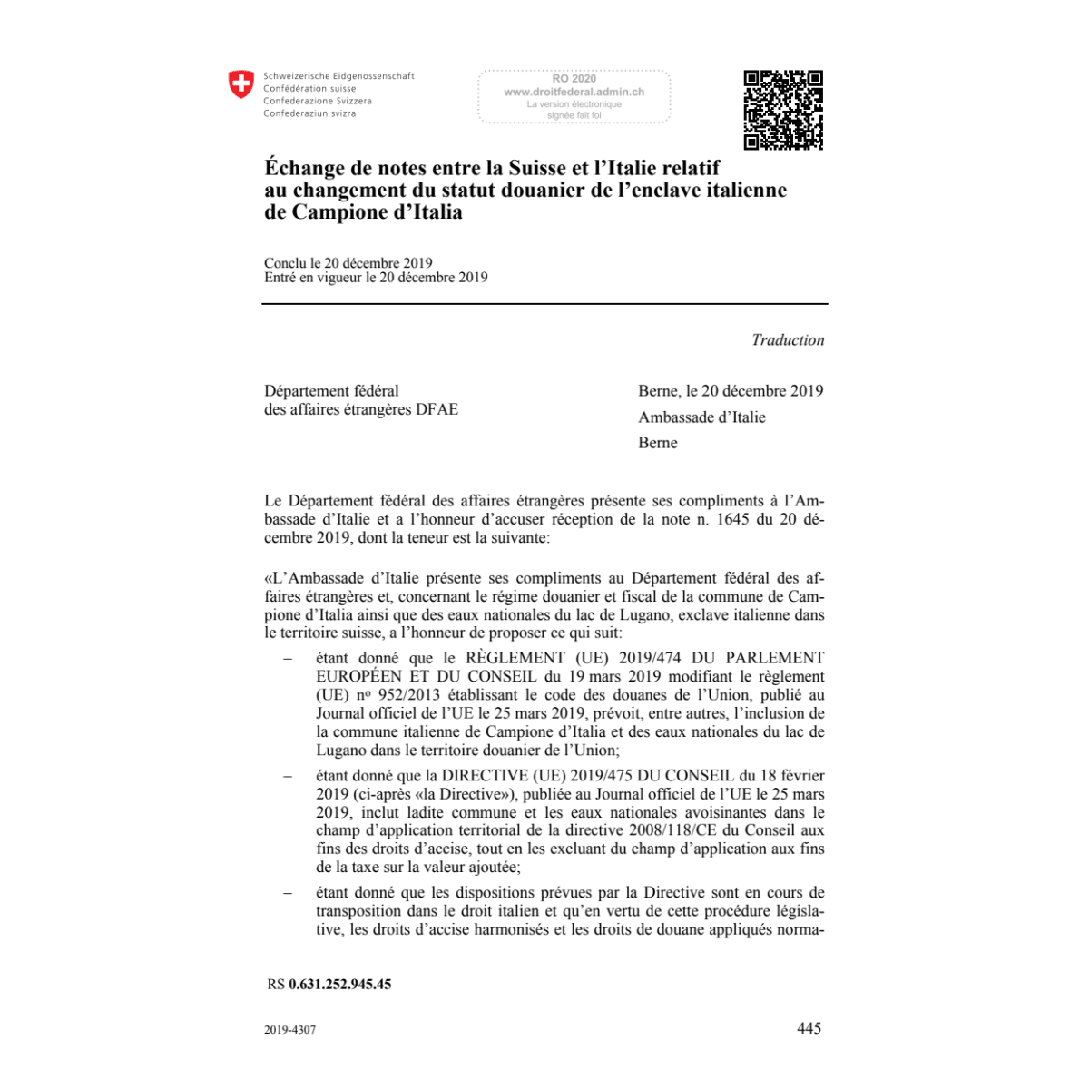 Échange de notes CH-IT Campione d’Italia