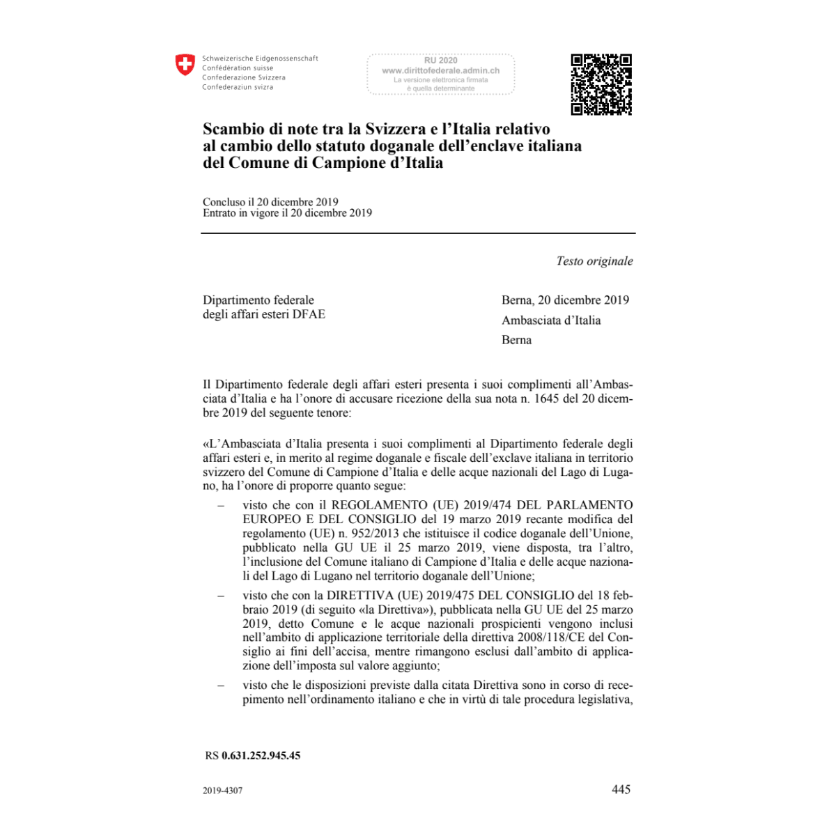 Scambio di note CH-IT Campione d’Italia