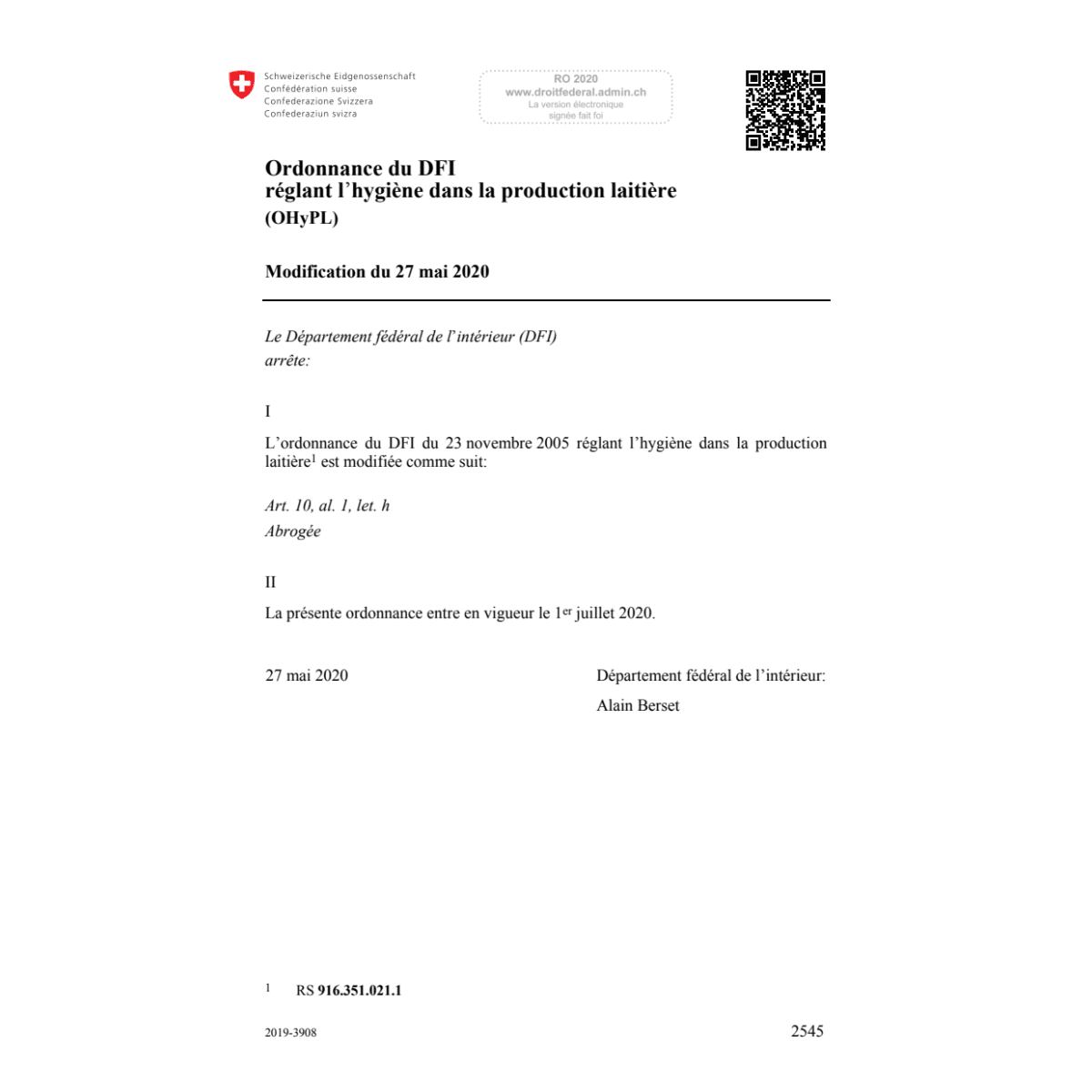 O hygiène production lait. Mod. 27.5.20