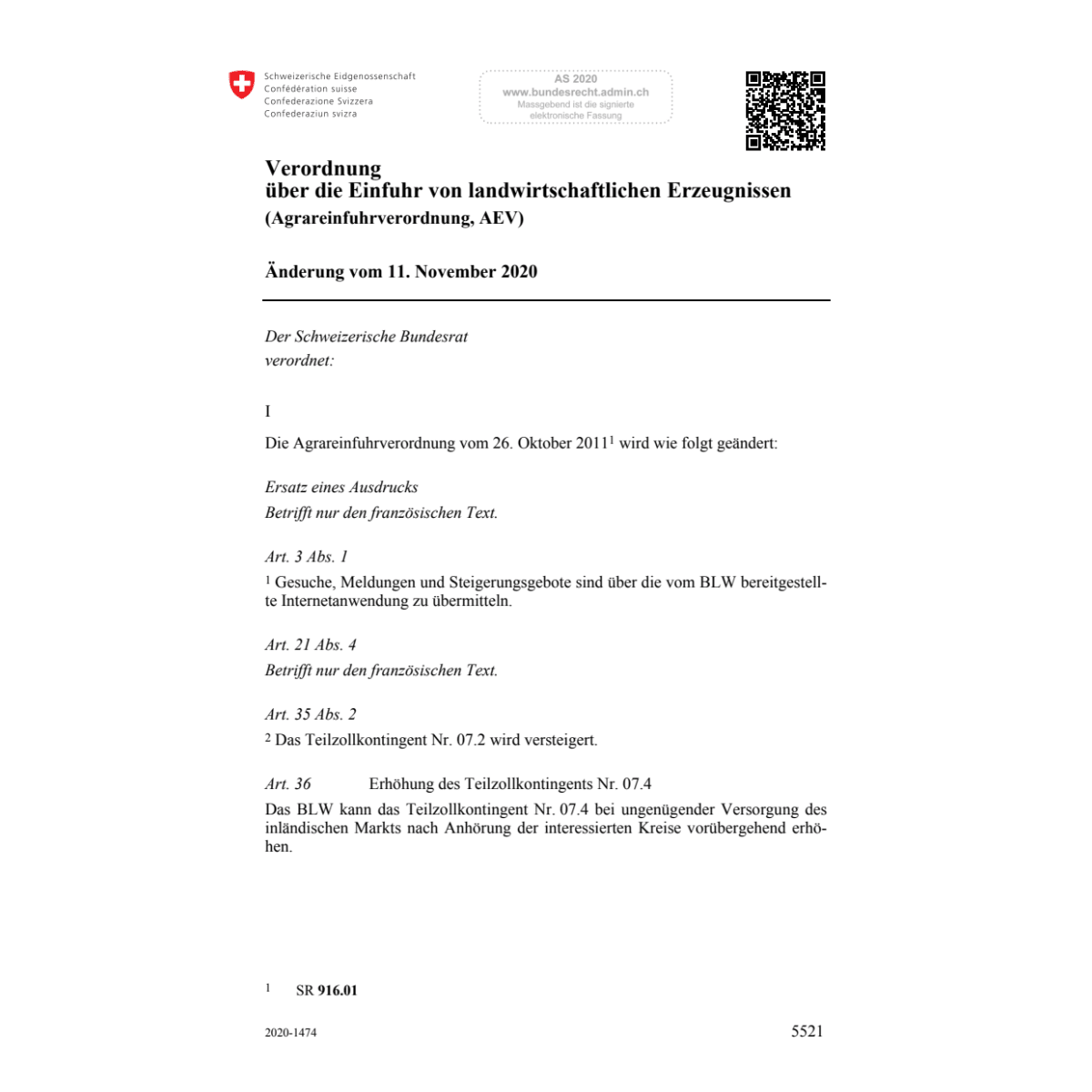 V Agrareinfuhr (AEV) Änd. 11.11.2020