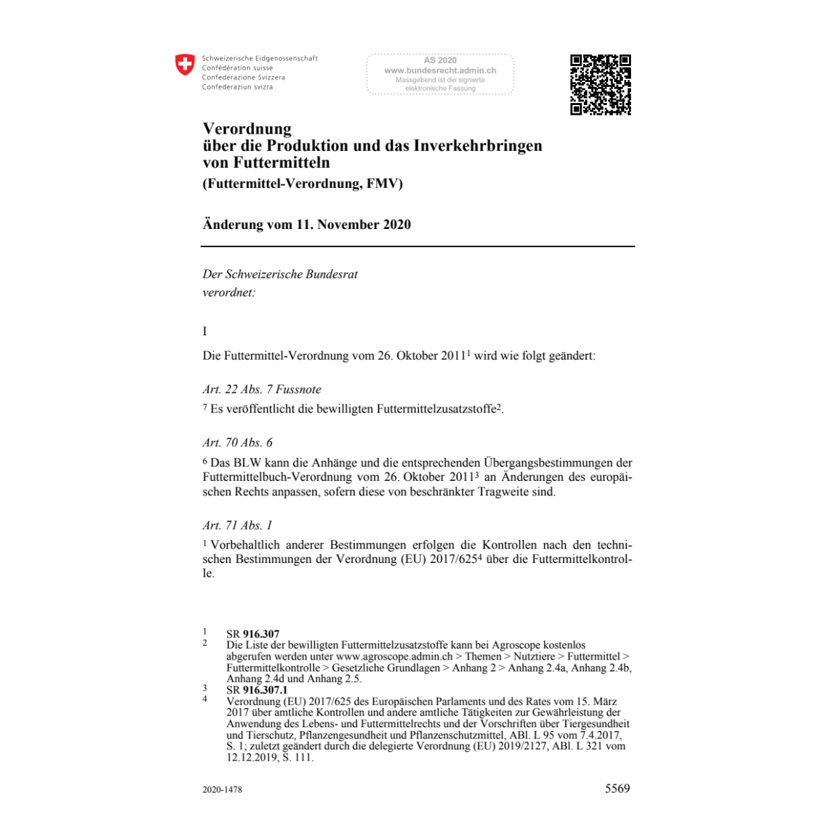 Futtermittel-Verordnung Änd. 11.11.20