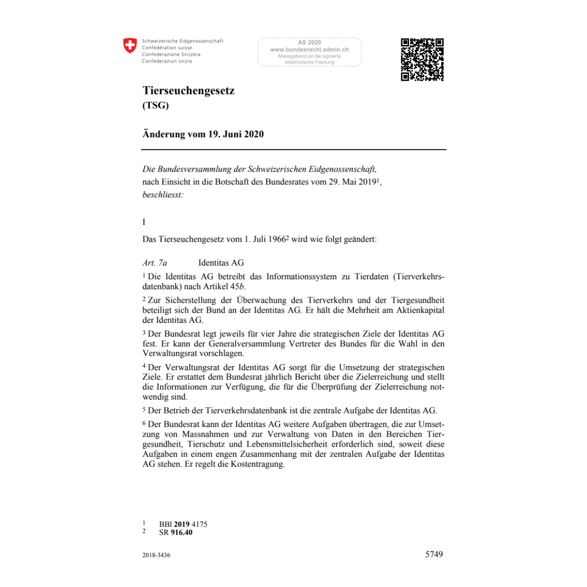 Tierseuchengesetz Änd. 19.6.20