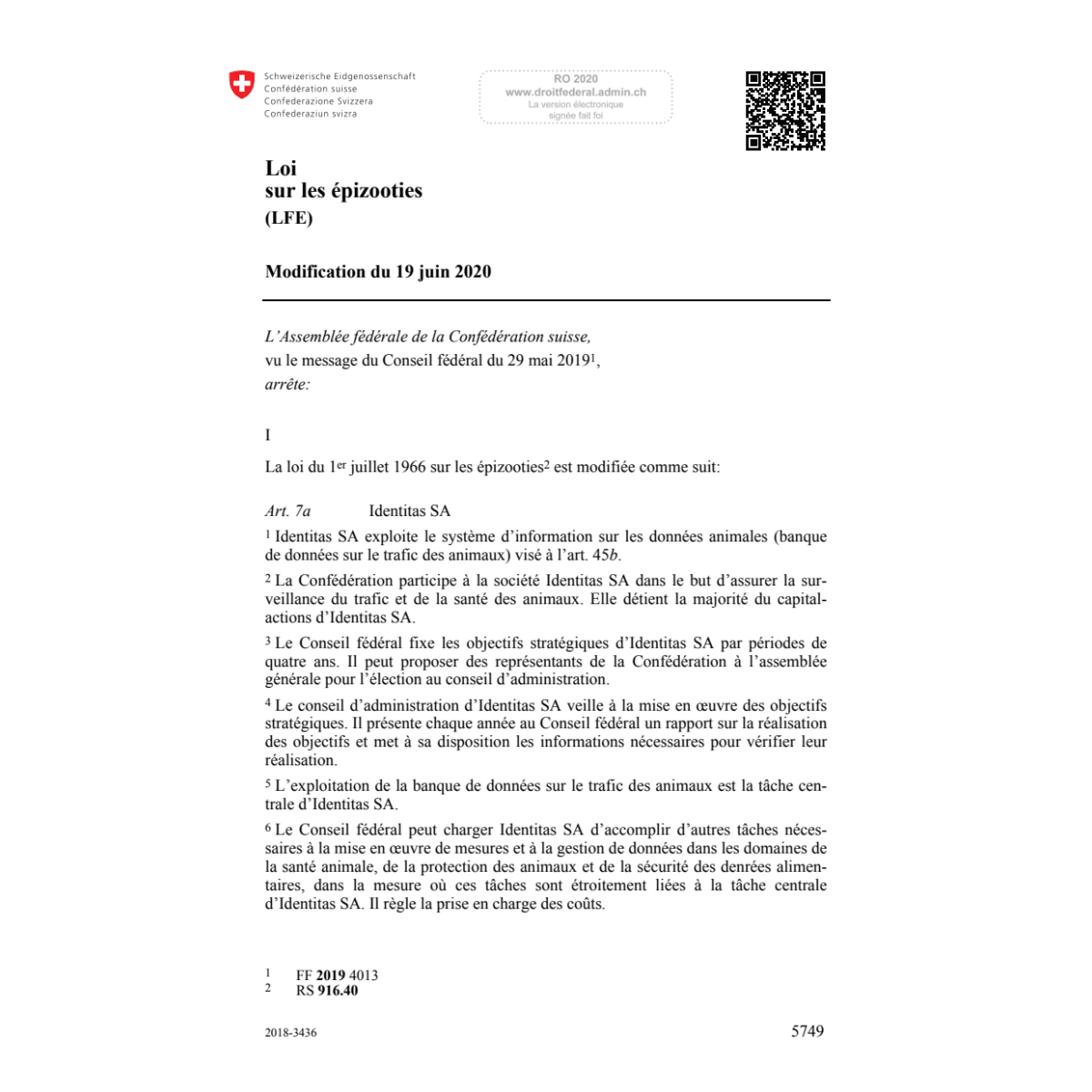 Loi sur les épizooties Mod. 19.6.20