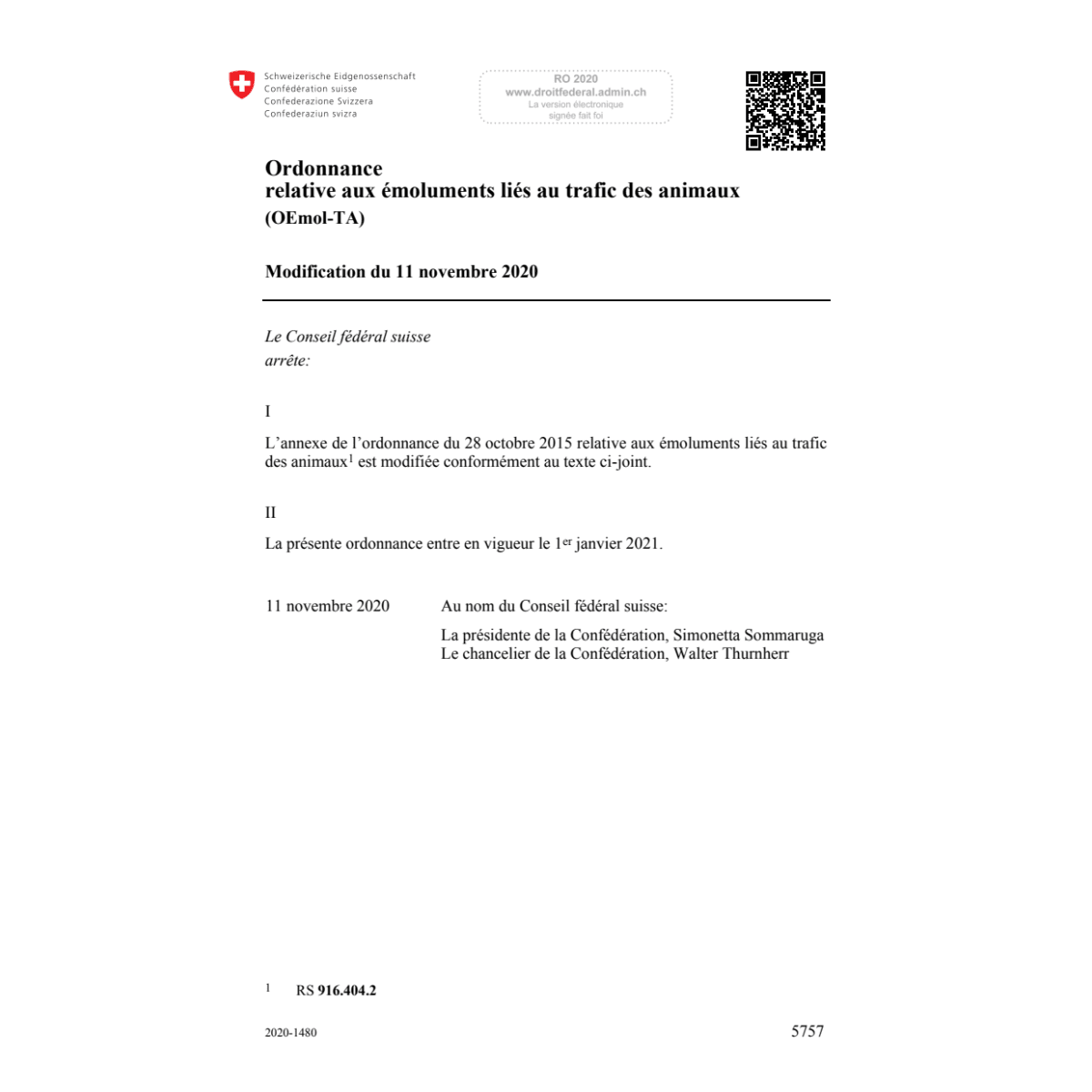 O émoluments trafic animaux Mod 11.11.20