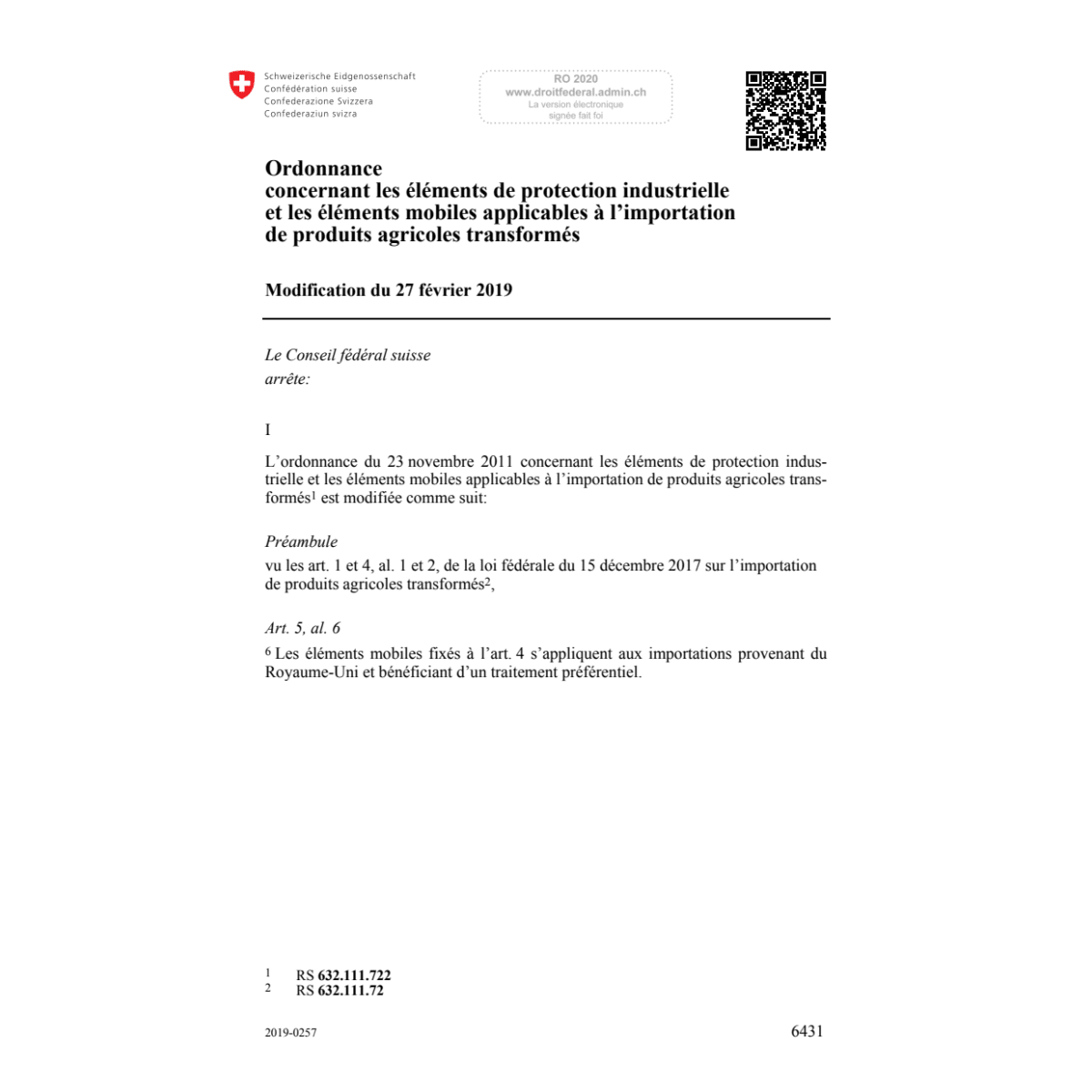 O produits agricoles Mod. 27.02.2019