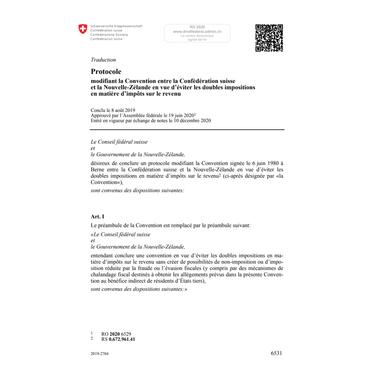 Prot. doub. imp. Suisse-Nouvelle-Zélande