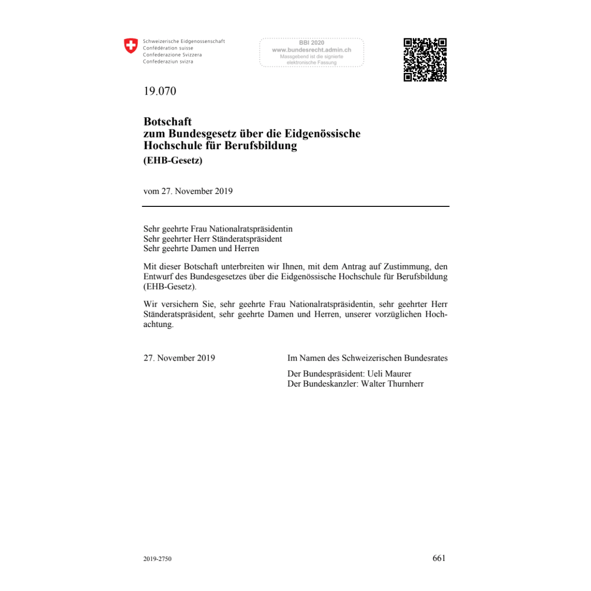 BO BG Berufsbildung (EHB-Gesetz) 19.070