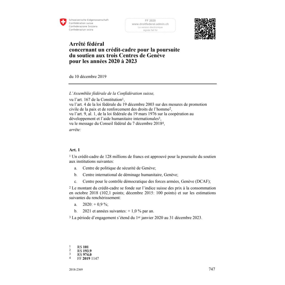 AF crédit-cadre Centres Genève 2020–2023