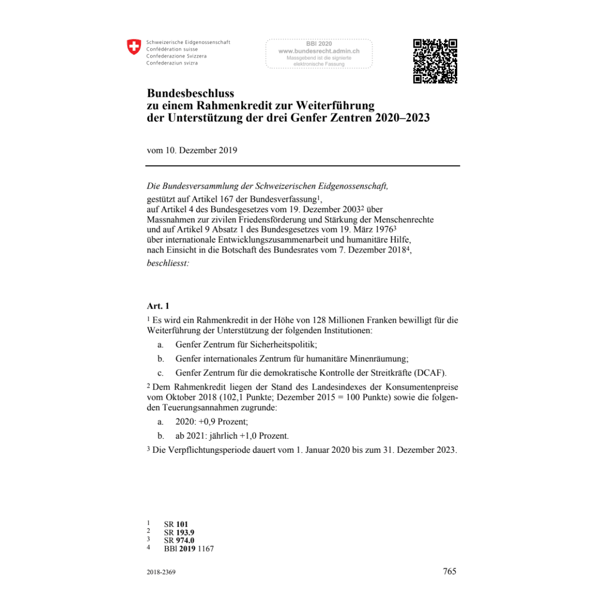 BB Rahmenkredit Genfer Zentren 2020–2023