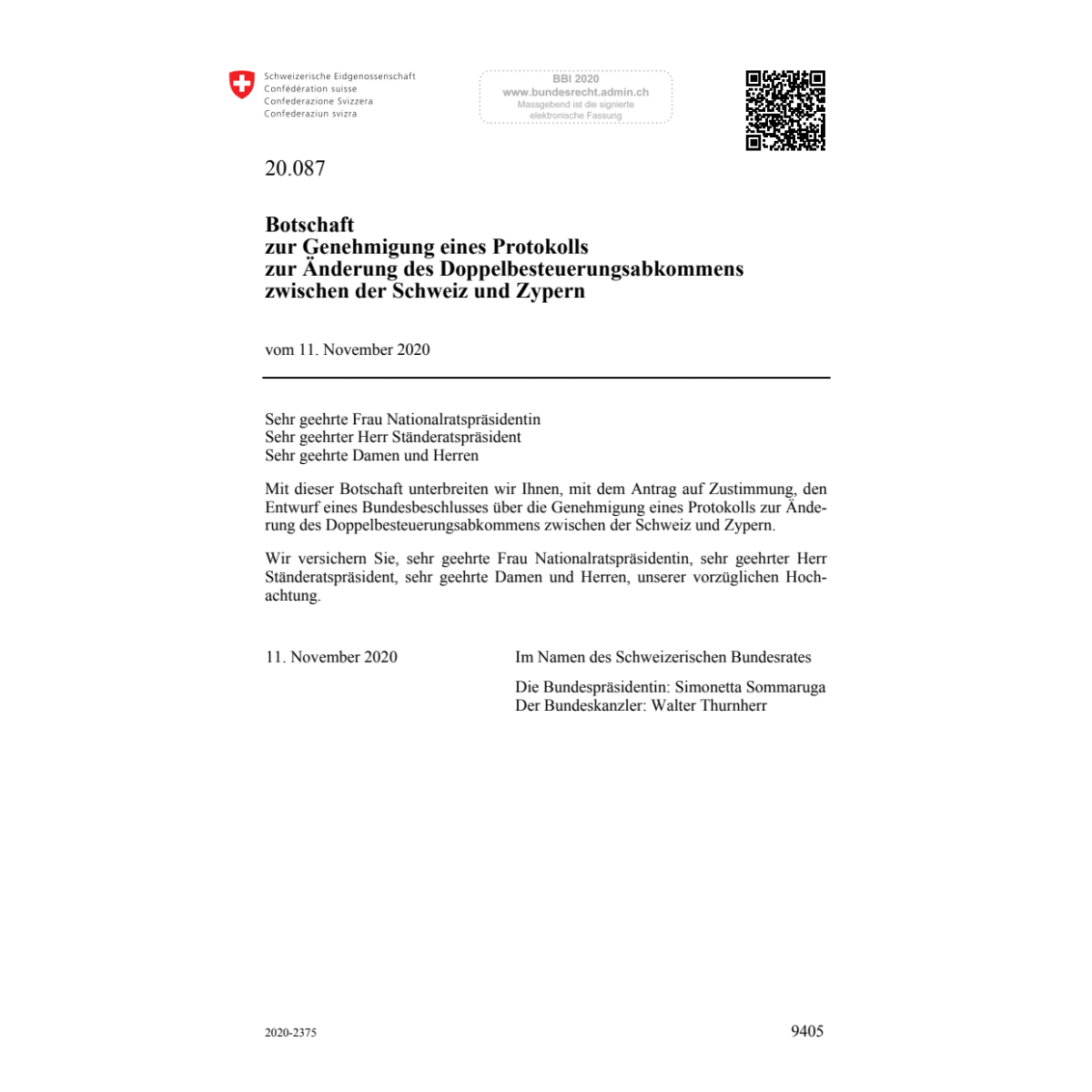 Bo Änd. Steuerabk. Schweiz Zypern 20.087