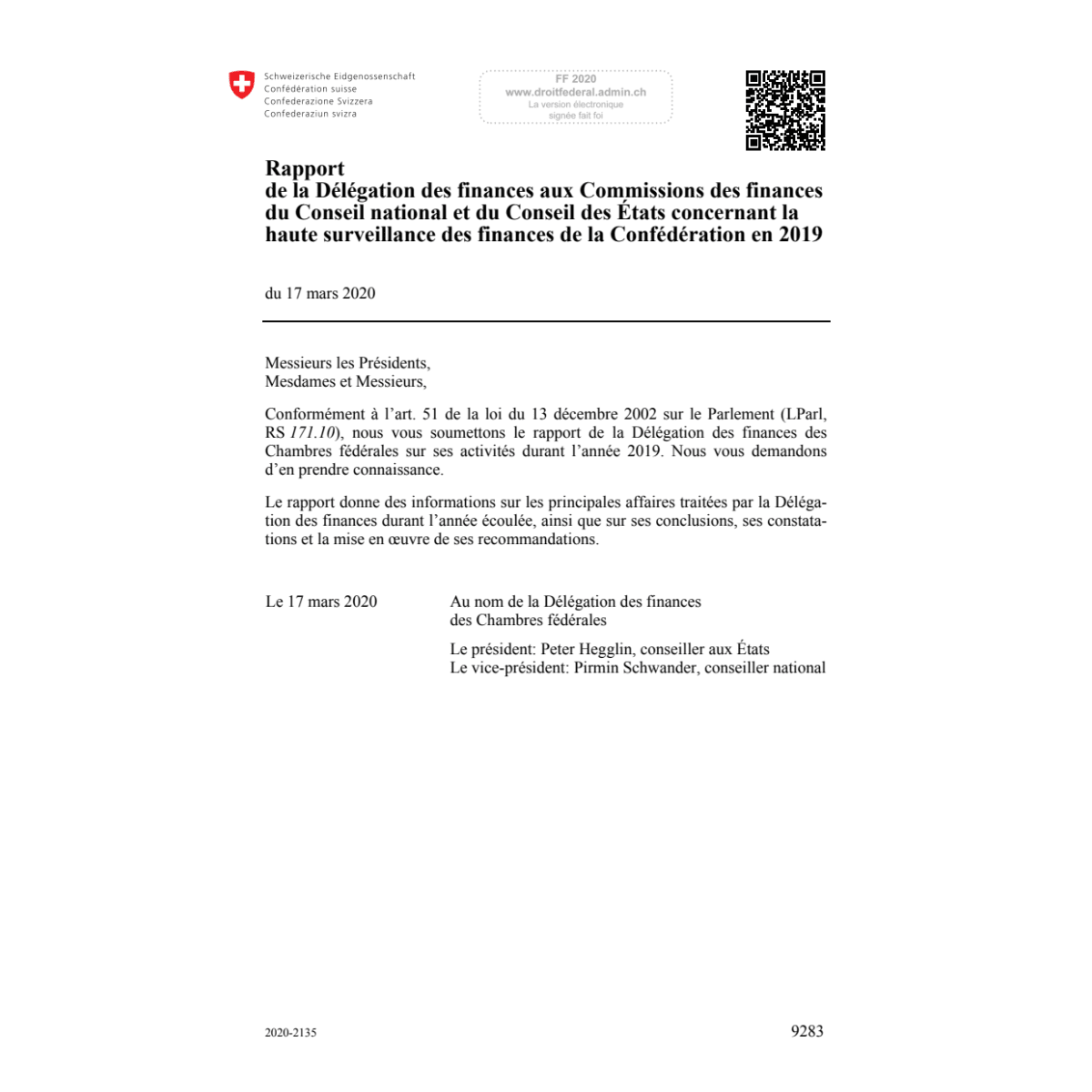 Rapport finances de Confédération 2019