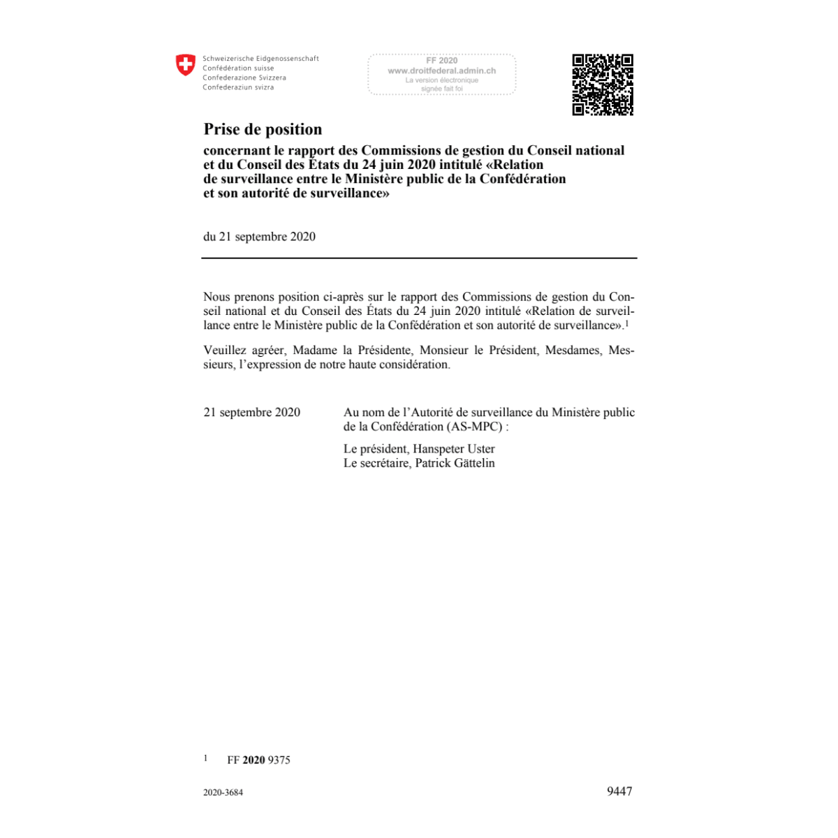 Prise de position rapport Comm. gestion