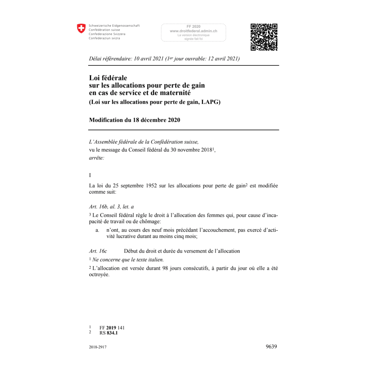 Loi allocations perte gain Mod. 18.12.20