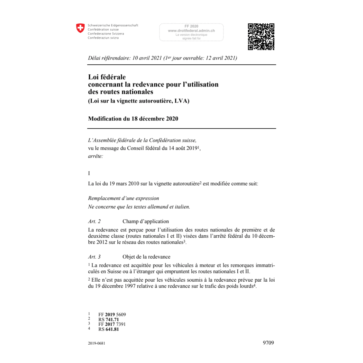 L vignette autoroutière Mod. 18.12.20