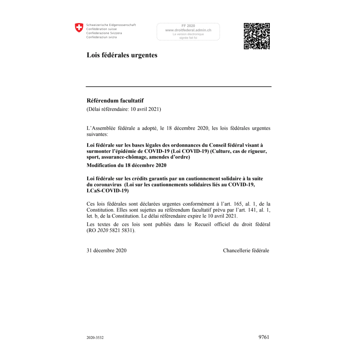 Lois fédérales urgentes