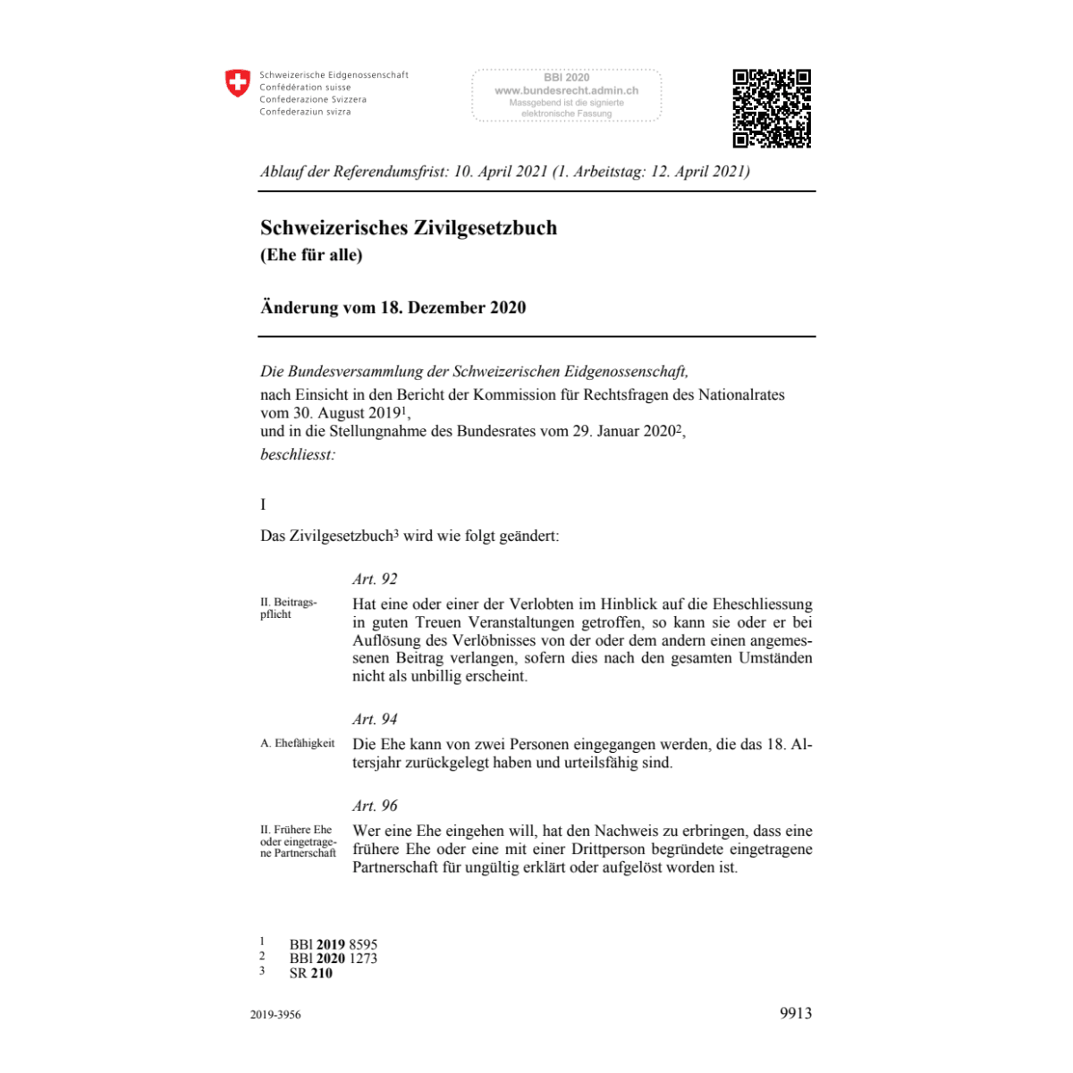 Schweiz. ZGB Ehe für alle Änd 18.12.20