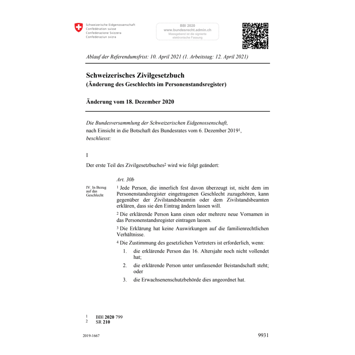 Schweiz. ZGB Pers.stand.reg Änd 18.12.20