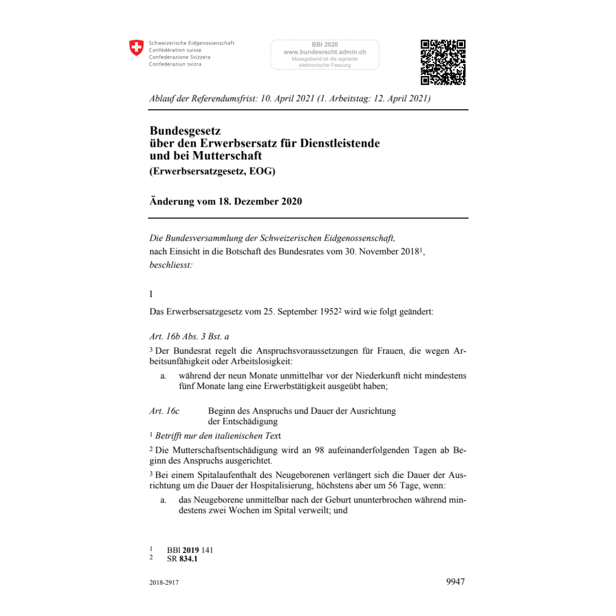 Erwerbsersatzgesetz, EOG Änd. 18.12.20