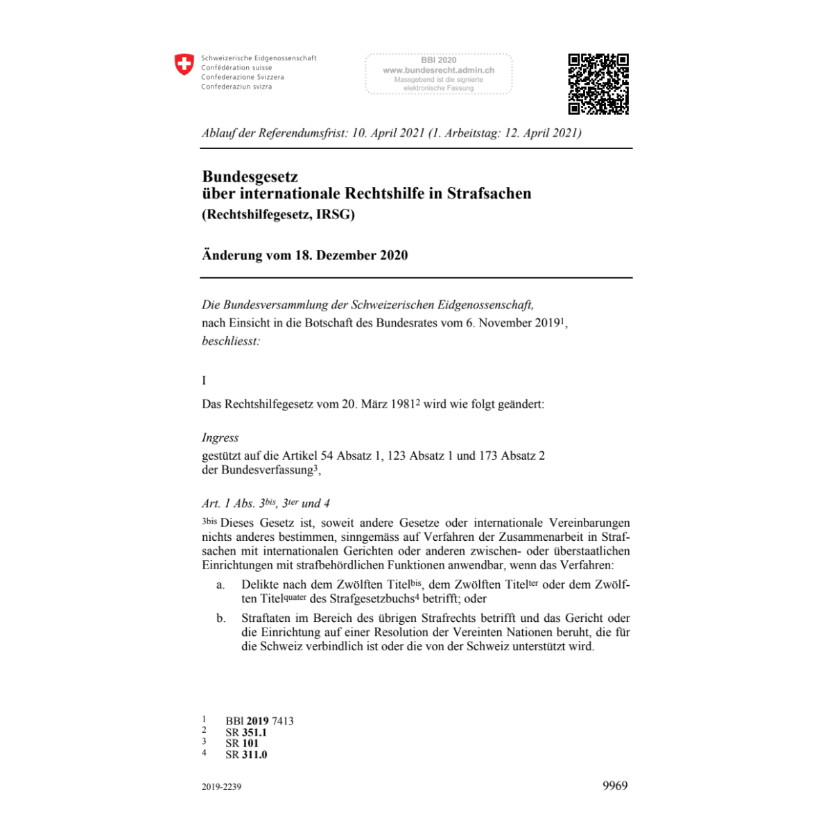 Rechtshilfegesetz, IRSG Änd. 18.12.20