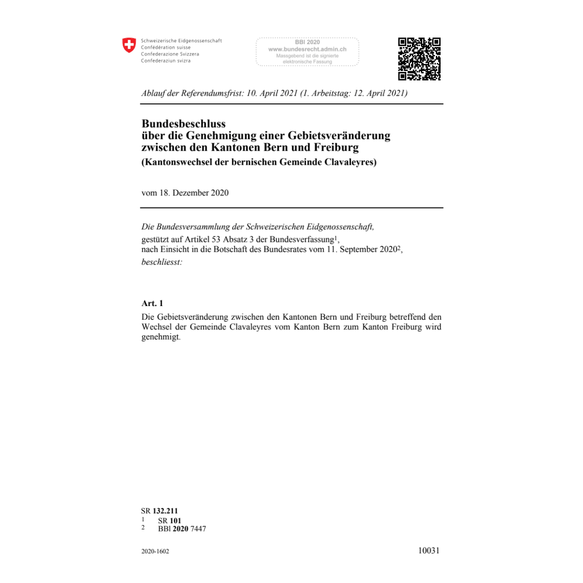 BB Gebietsveränderung Bern Freiburg