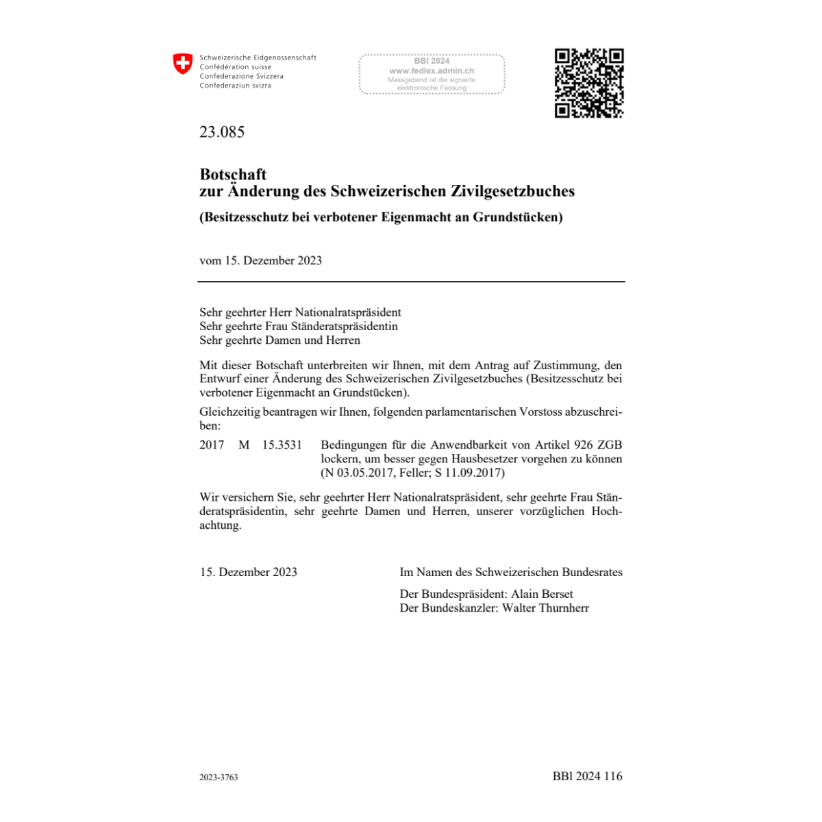 BO Änd. ZGB Eigenmacht Grundstück 23.085