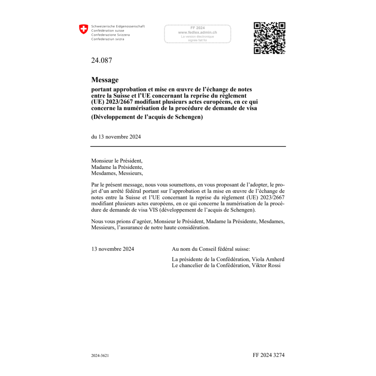 M échange notes Suisse UE 24.087