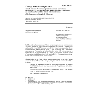 Echange notes CH-UE 2017/853 91/477/CEE