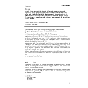 ac. DDPS CH-RFA présence séc.Kosovo KFOR