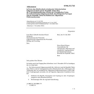 Abk. Briefwechsel Schweiz und Türkei
