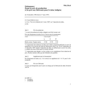 O prix de production pour tabac indigène