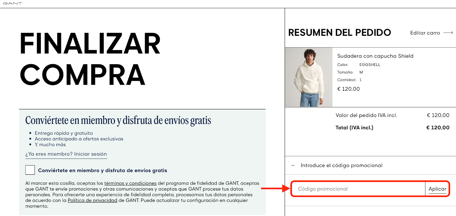 Imagen 7: Usar código promocional en GANT