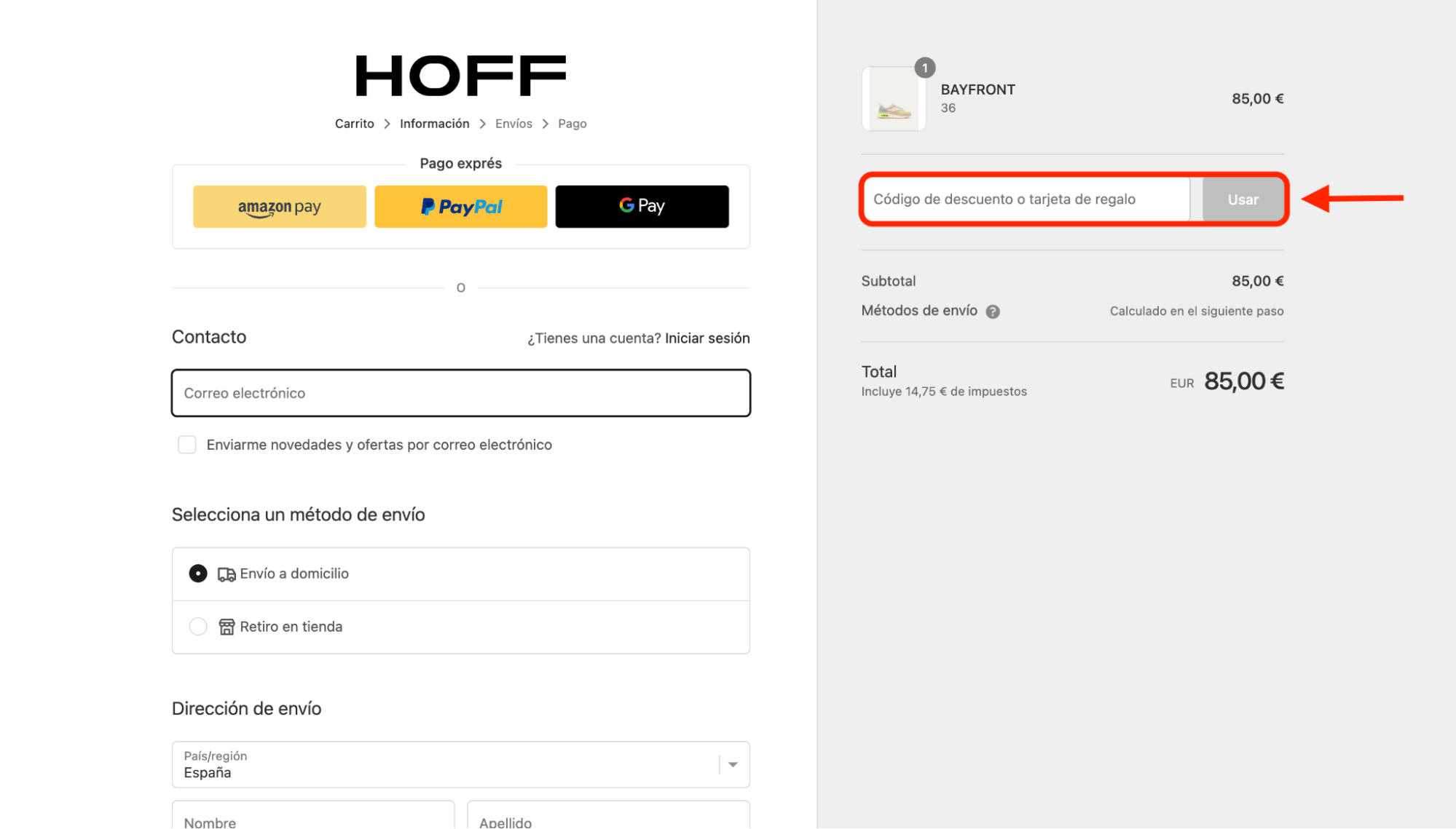 Imagen 9: Usar código promocional en Hoff