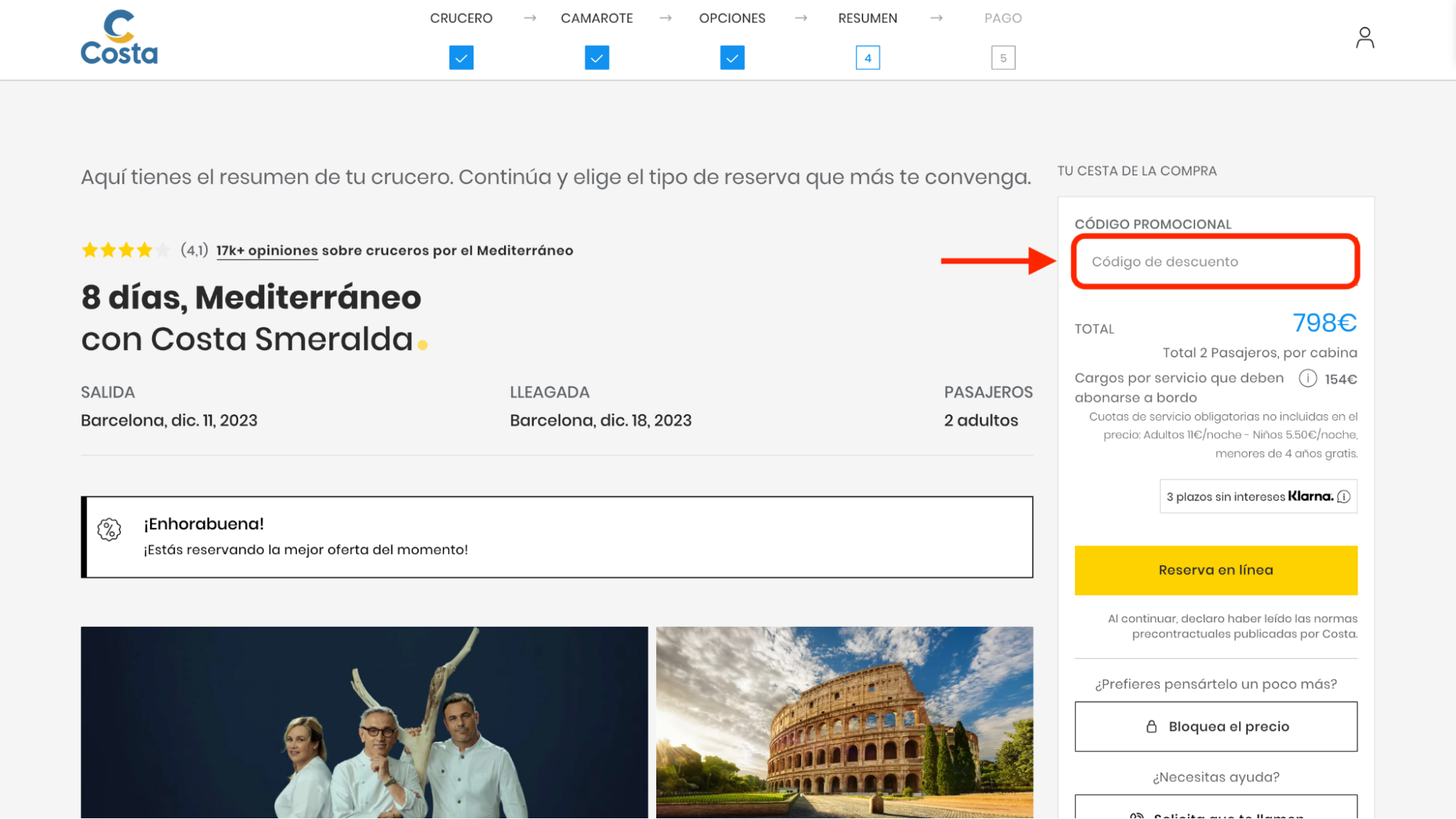 Imagen 10: Usar código promocional en Costa Cruceros