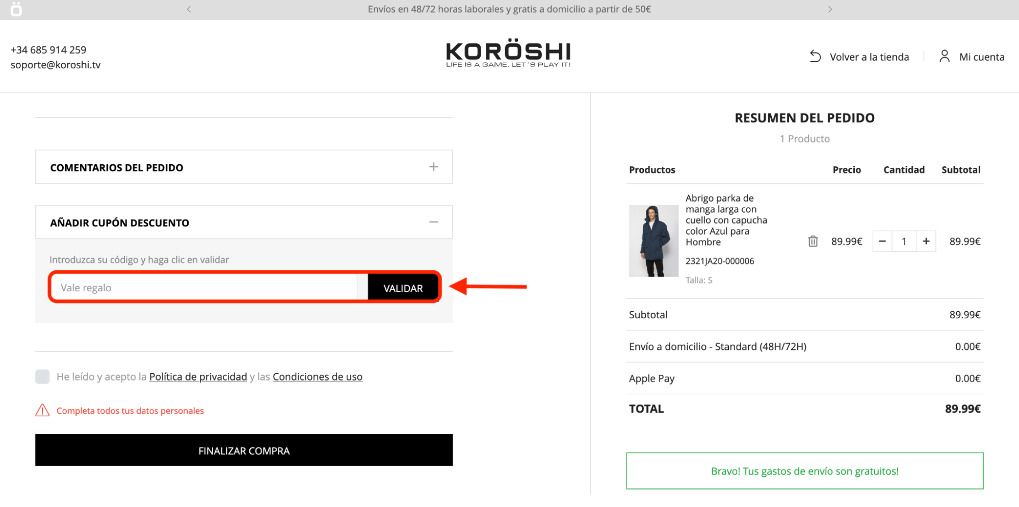 Imagen 9: Usar código promocional en Koröshi