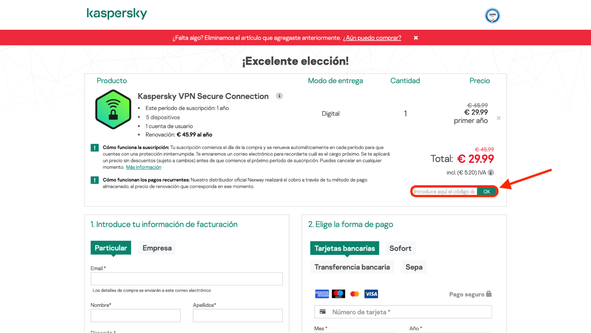 Imagen 6: Usar código promocional en Kaspersky