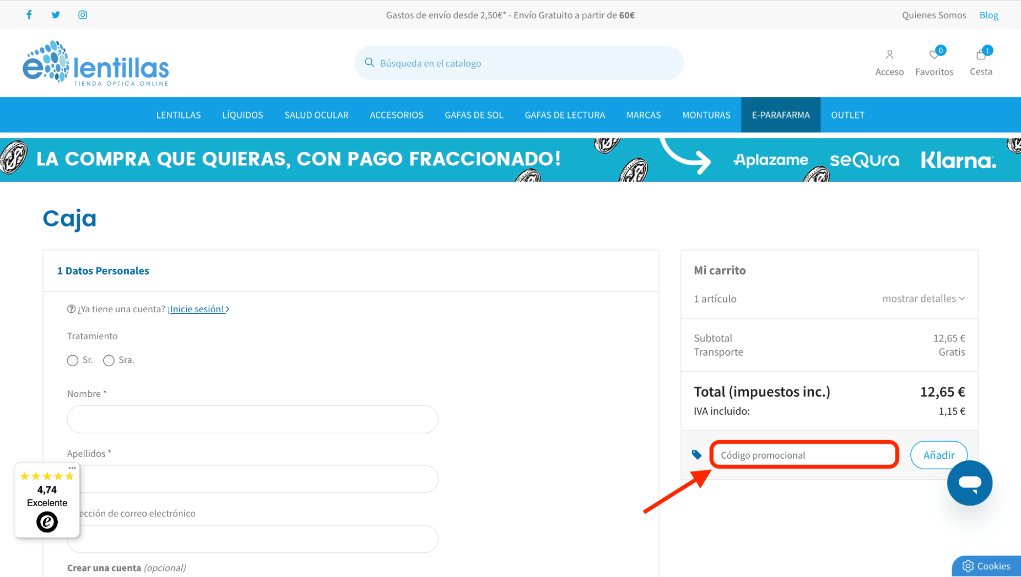 Imagen 7: Usar código promocional en E-Lentillas