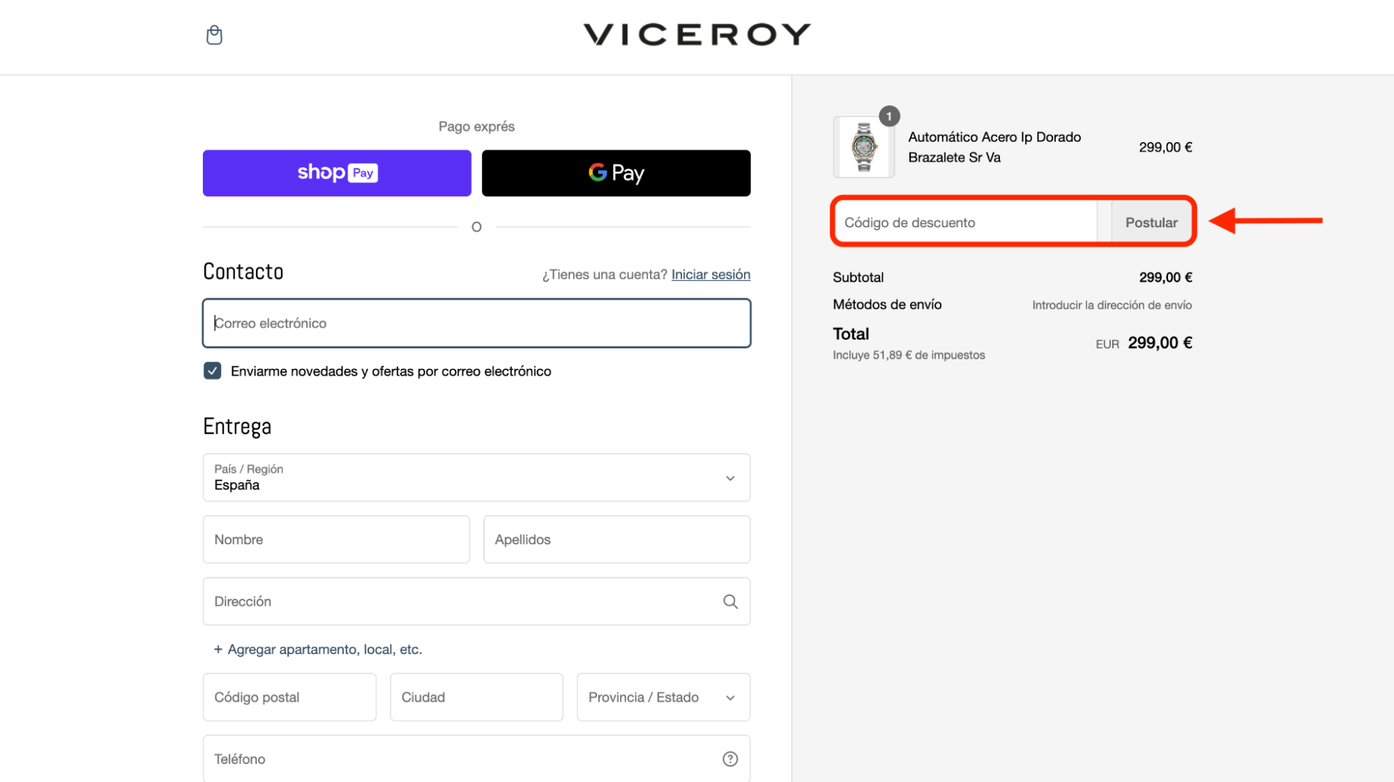 Imagen 2: Usar código promocional en Viceroy