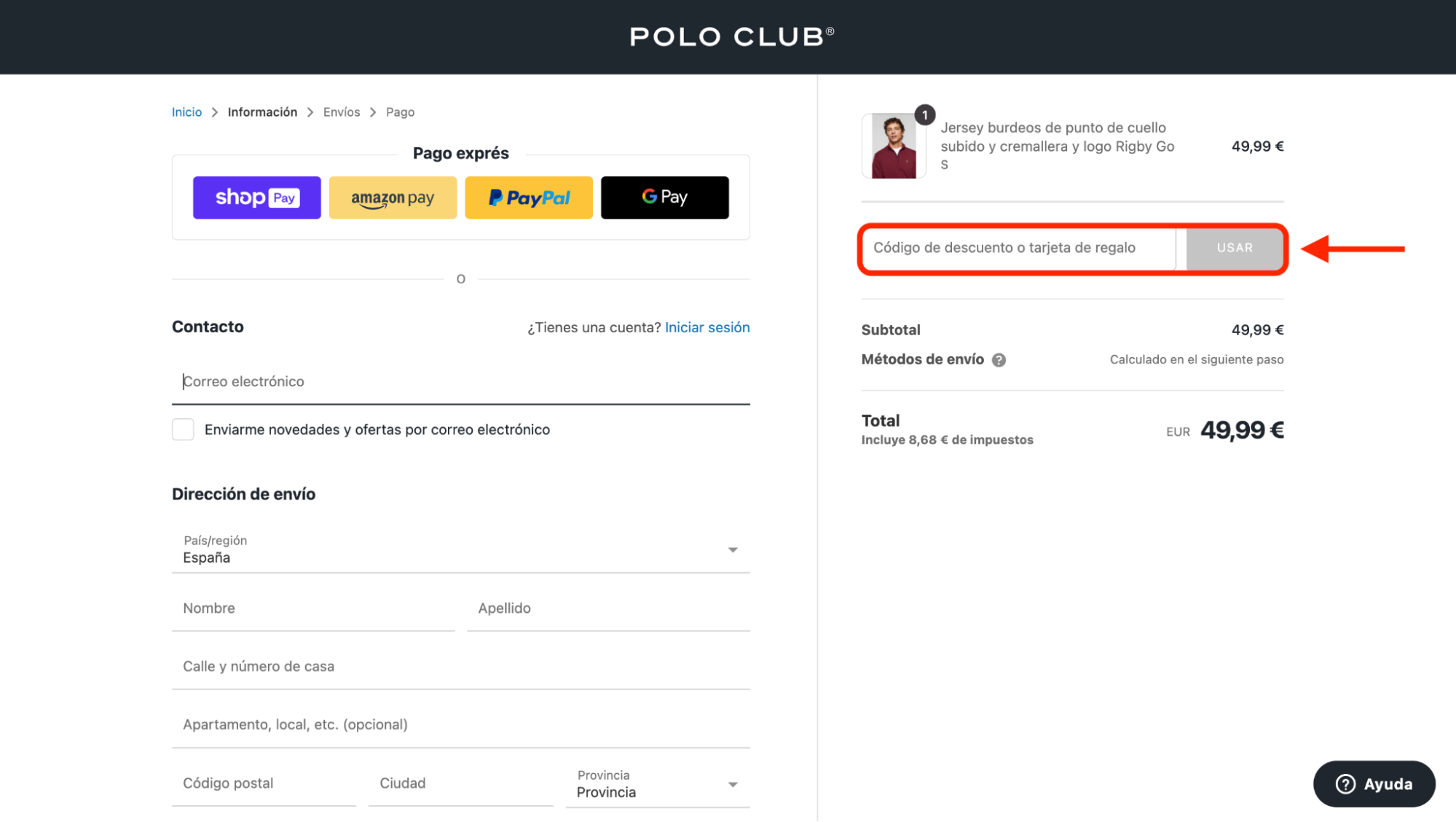 Imagen 2: Usar código promocional en Polo Club