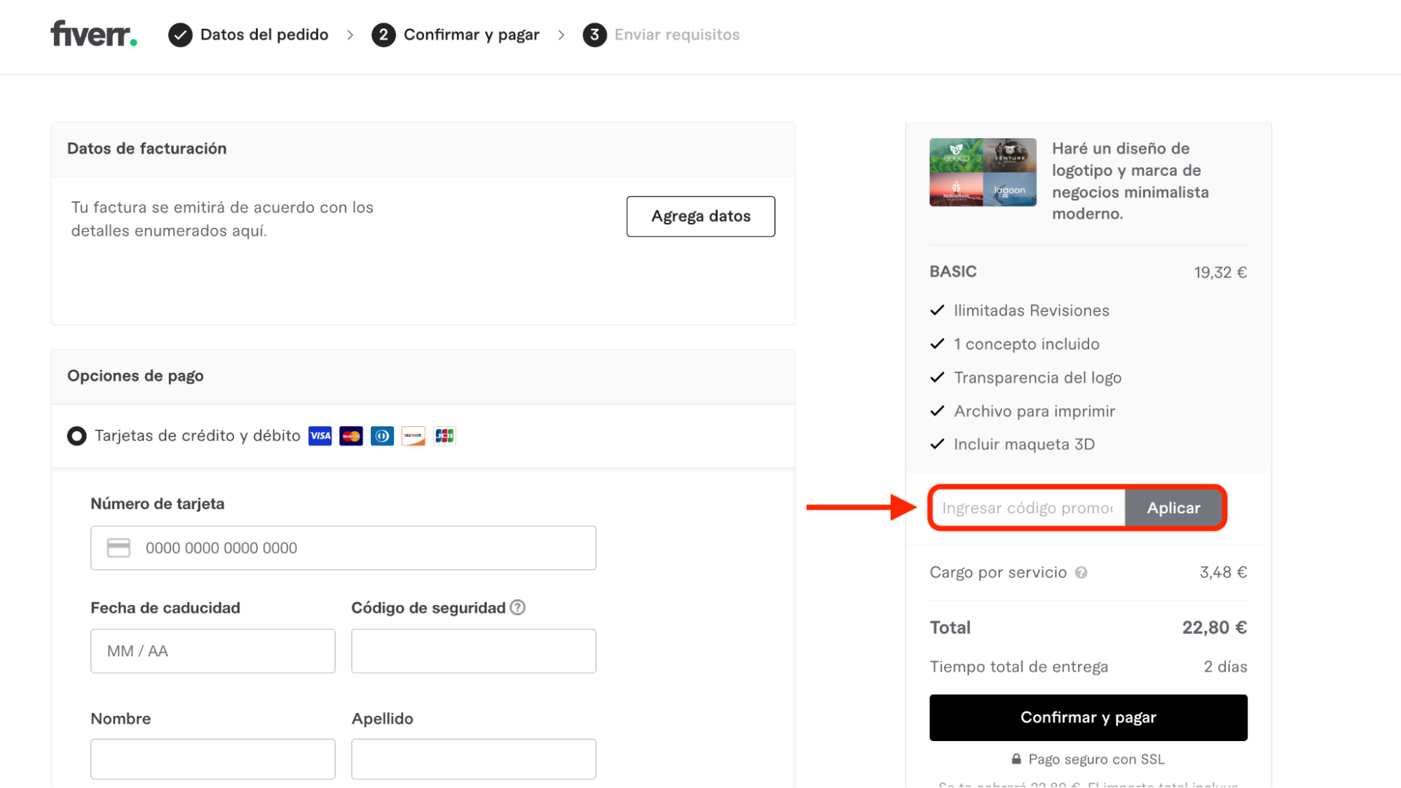 Imagen 3: Usar código promocional en Fiverr