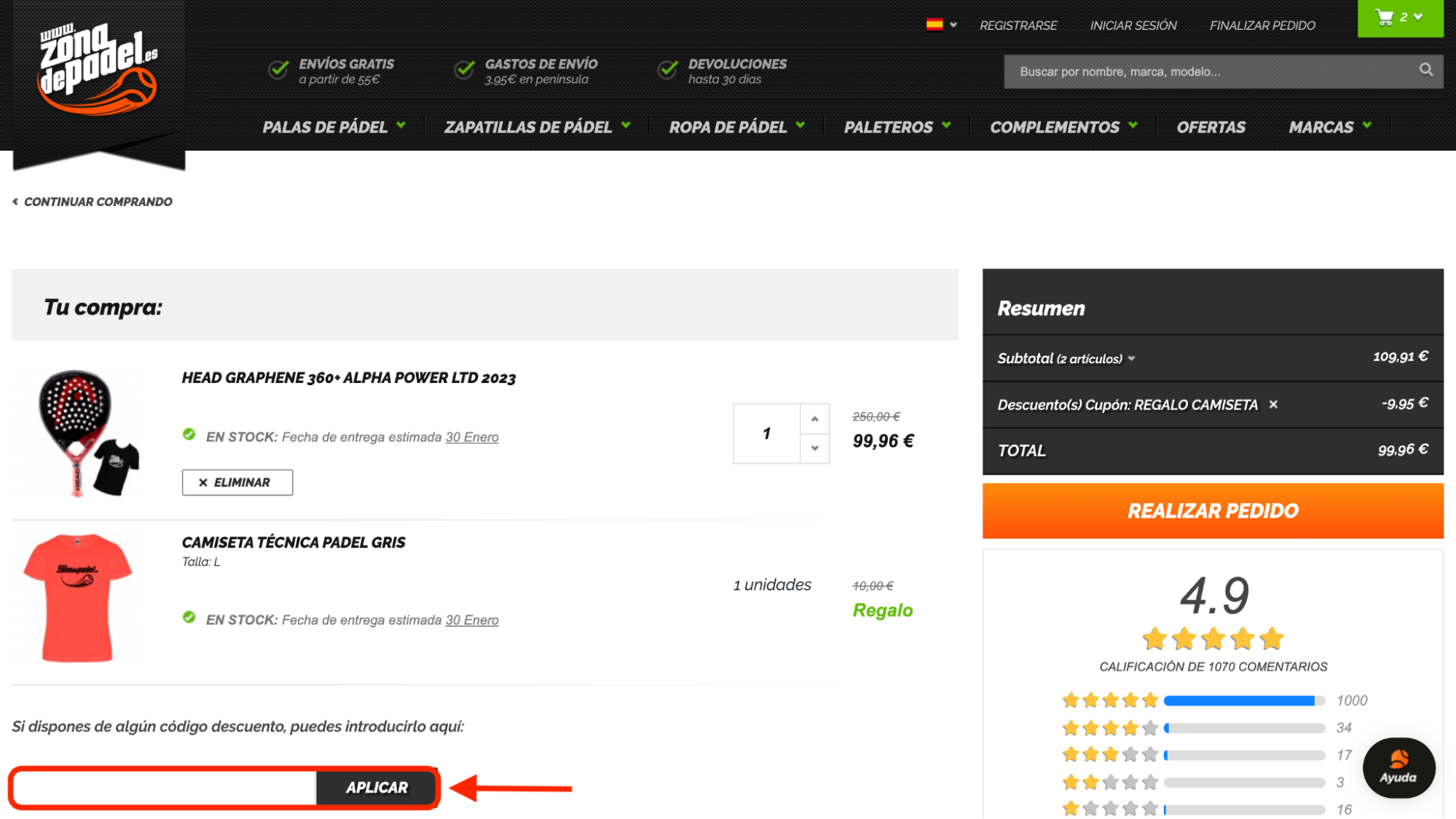 Imagen 2: Usar código promocional en Zona de Padel