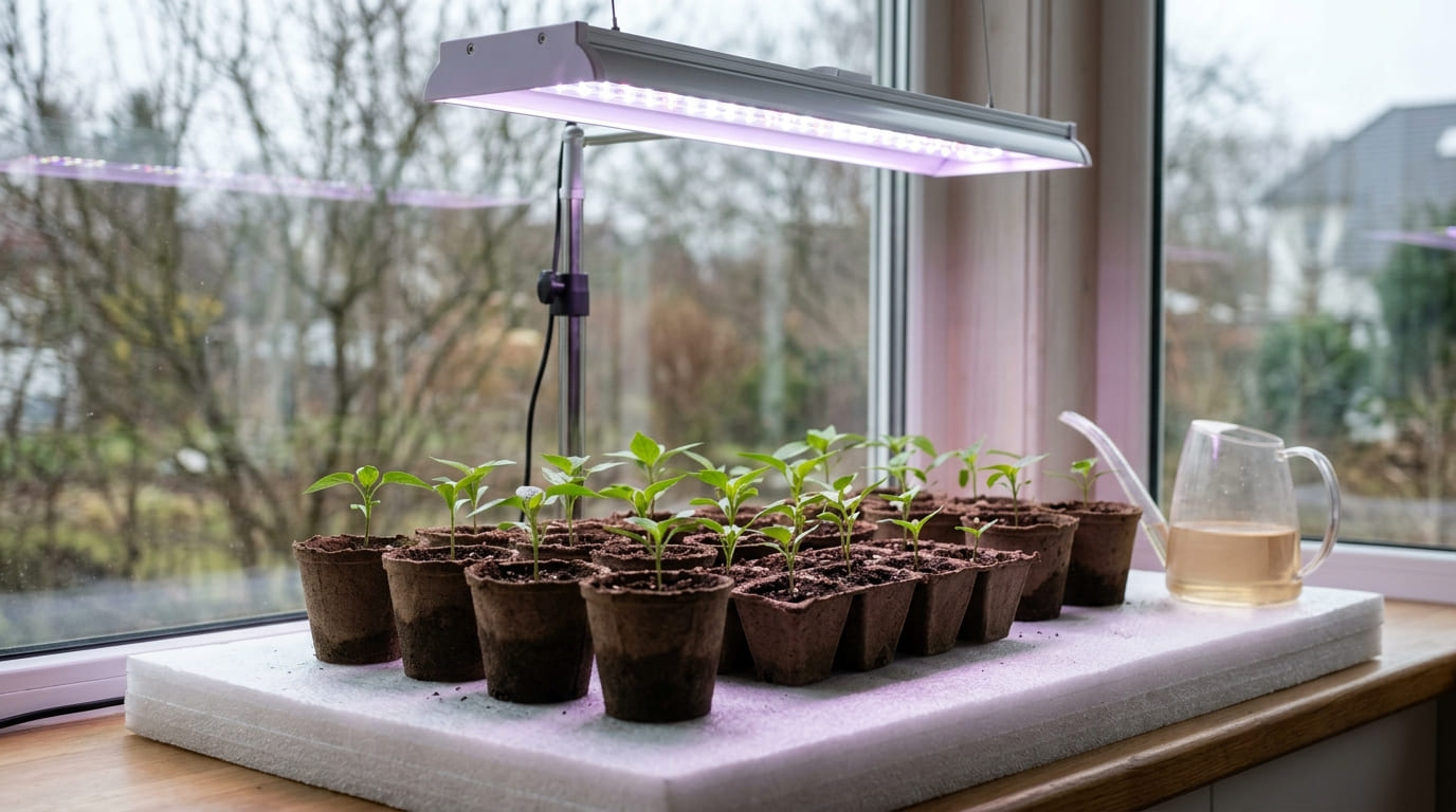 Рассада перца в марте на тёплом подоконнике под фитолампой