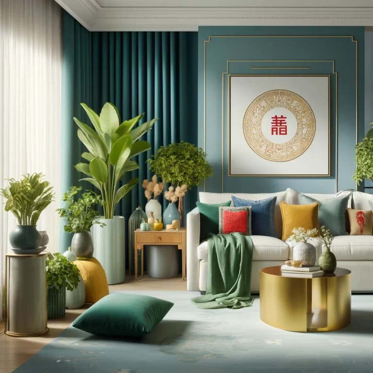 imagen de un salón sereno y elegante diseñado con los colores de la suerte del Feng Shui para 2024. El espacio incorpora tonos de azul calmo, acentos verdes esmeralda vibrantes, detalles en rojo pasión y elementos en amarillo dorado, todo armonizado con un estilo moderno y minimalista. Puedes ver cómo estos colores y disposiciones pueden atraer suerte y prosperidad según los principios del Feng Shui.