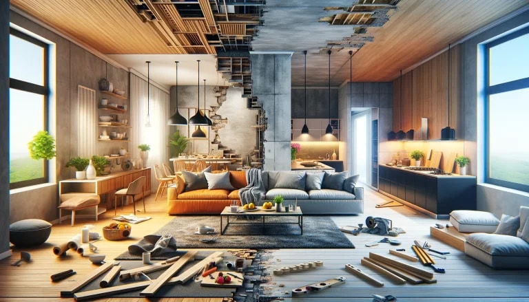 La imagen ilustra claramente la transición de la obra, mostrando tanto la parte ya terminada con muebles contemporáneos y una paleta de colores armoniosa, como la zona que aún está en fase de renovación con materiales de construcción visibles. Esta representación captura la esencia de remodelar un hogar, destacando tanto el caos de la construcción como la belleza del espacio finalizado.