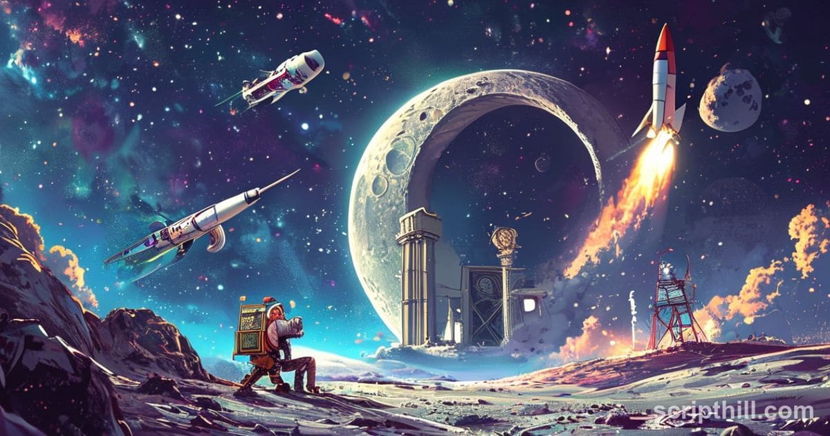 a vibrant illustration depicting the Artemis Gateway orbiting the Moon with a...