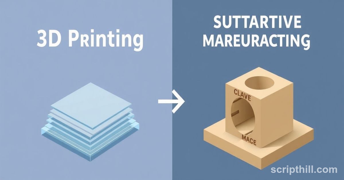 A graphic illustrating the layer-by-layer process of 3D printing contrasted w...
