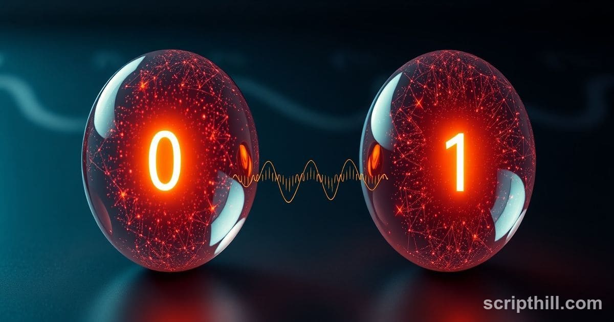 a stylized depiction of two interconnected glowing spheres, one with 0 and 1 ...