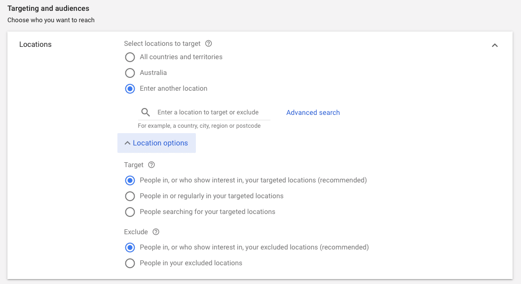 Google Ads Set Up Location Settings